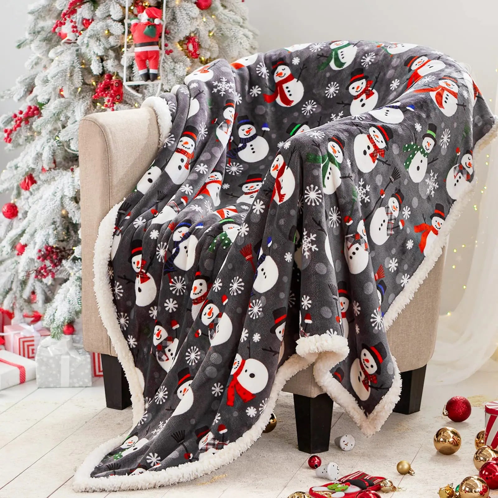 Plaid de noël gris motif bonhomme de neige