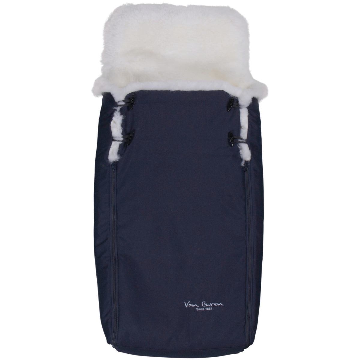 Chancelière de poussette en peau de mouton bleu-gris, fermée, col en laine rabattu