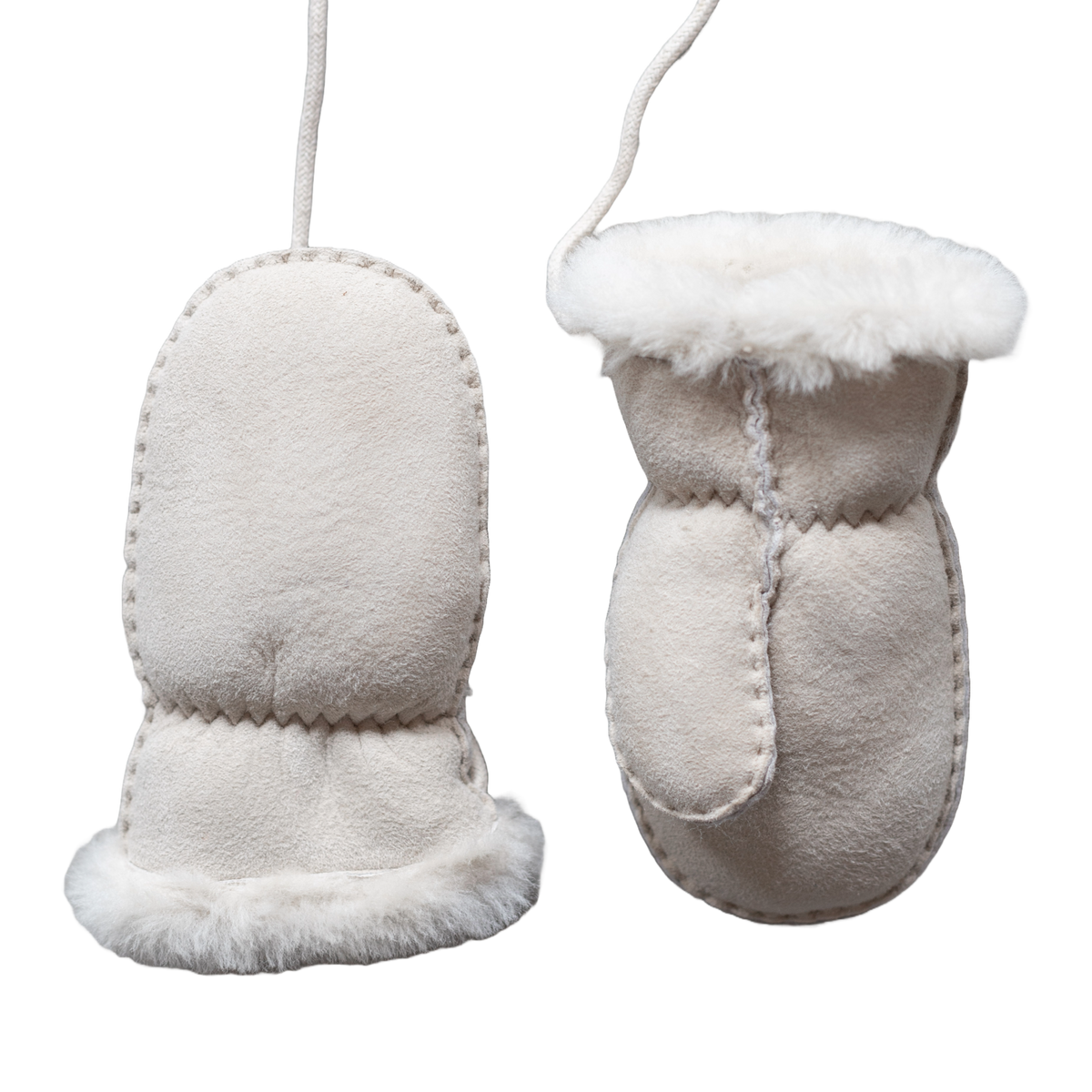 Moufles bébé et enfant en peau d'agneau blanc, dos et paume de la moufle, poignet en laine