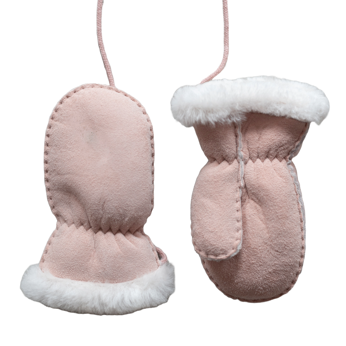 Moufles bébé et enfant en peau d'agneau rose, dos et paume de la moufle, poignet en laine
