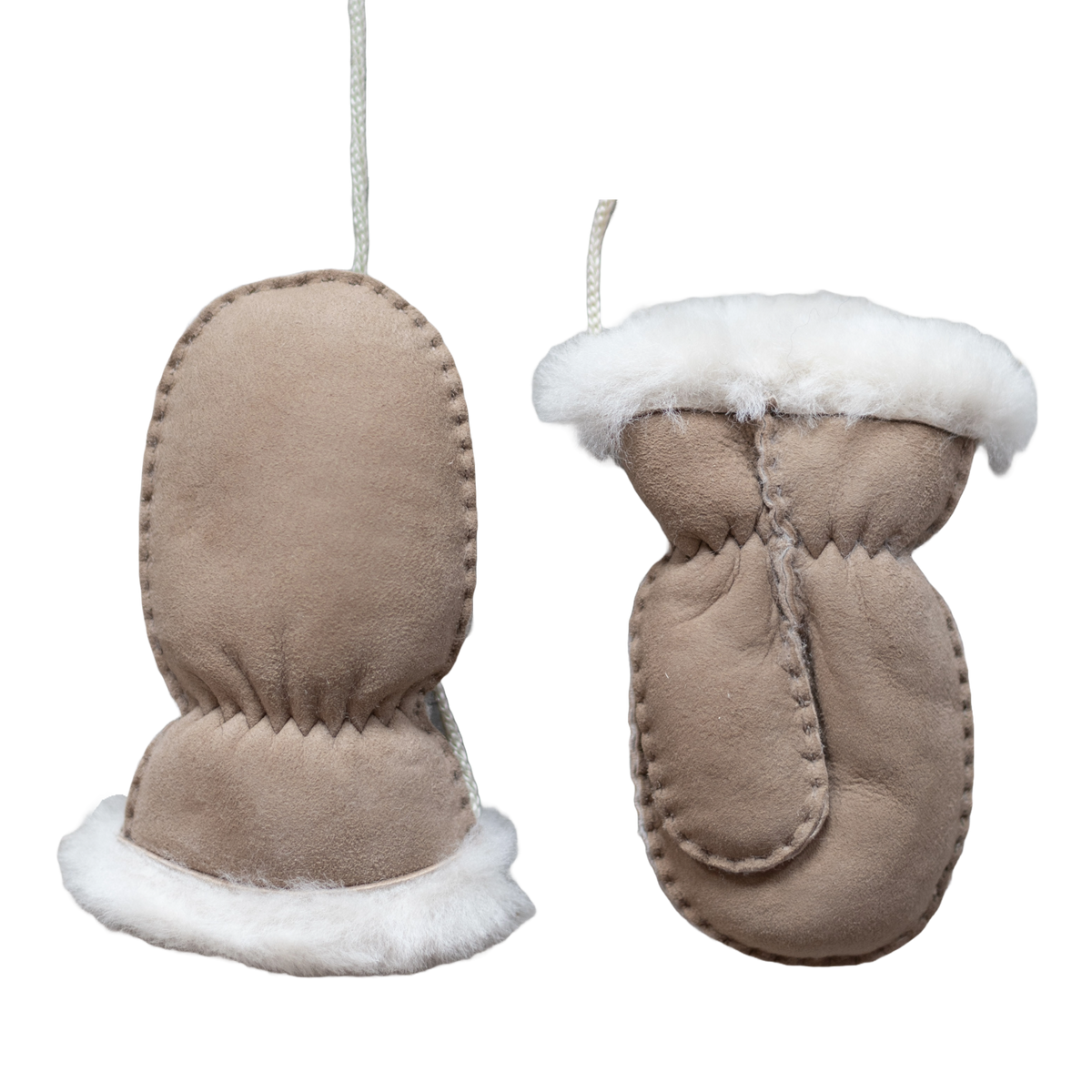 Moufles bébé et enfant en peau d'agneau taupe, dos et paume de la moufle, poignet en laine