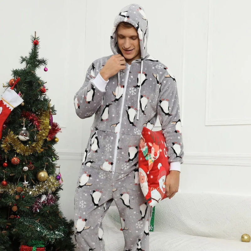 Pyjama plaid homme noël avec capuche - Gris pingouin