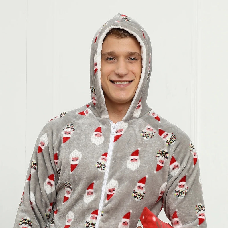 Pyjama plaid homme à capuche - Gris motifs père noël