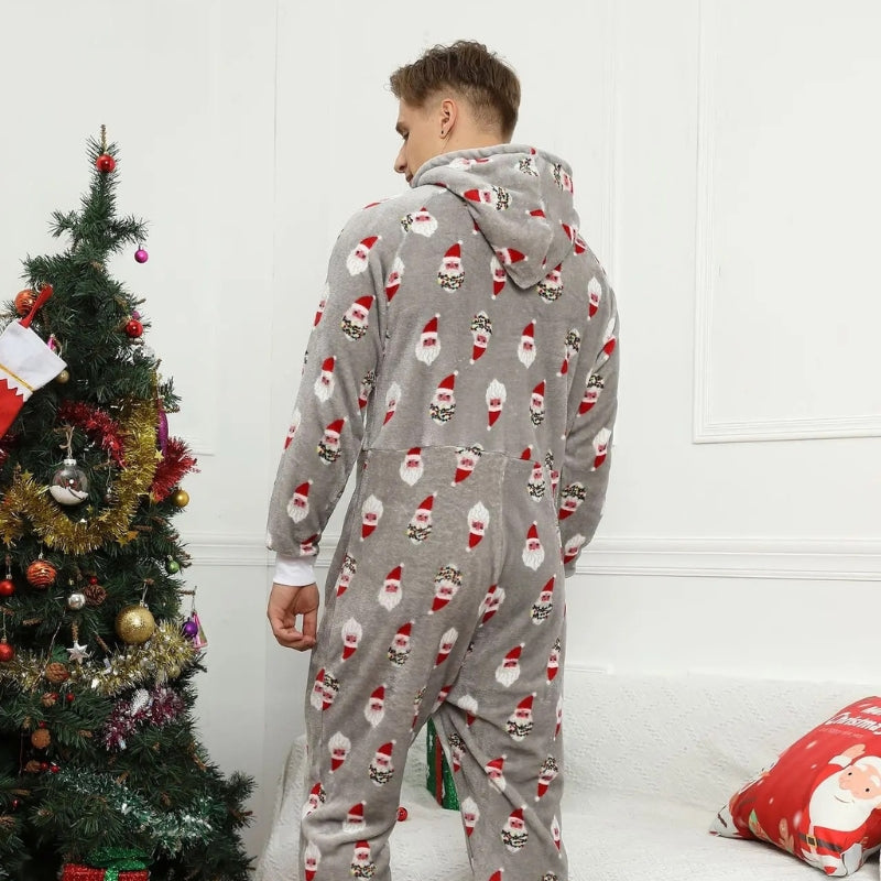 Pyjama plaid homme à capuche - Gris motifs père noël