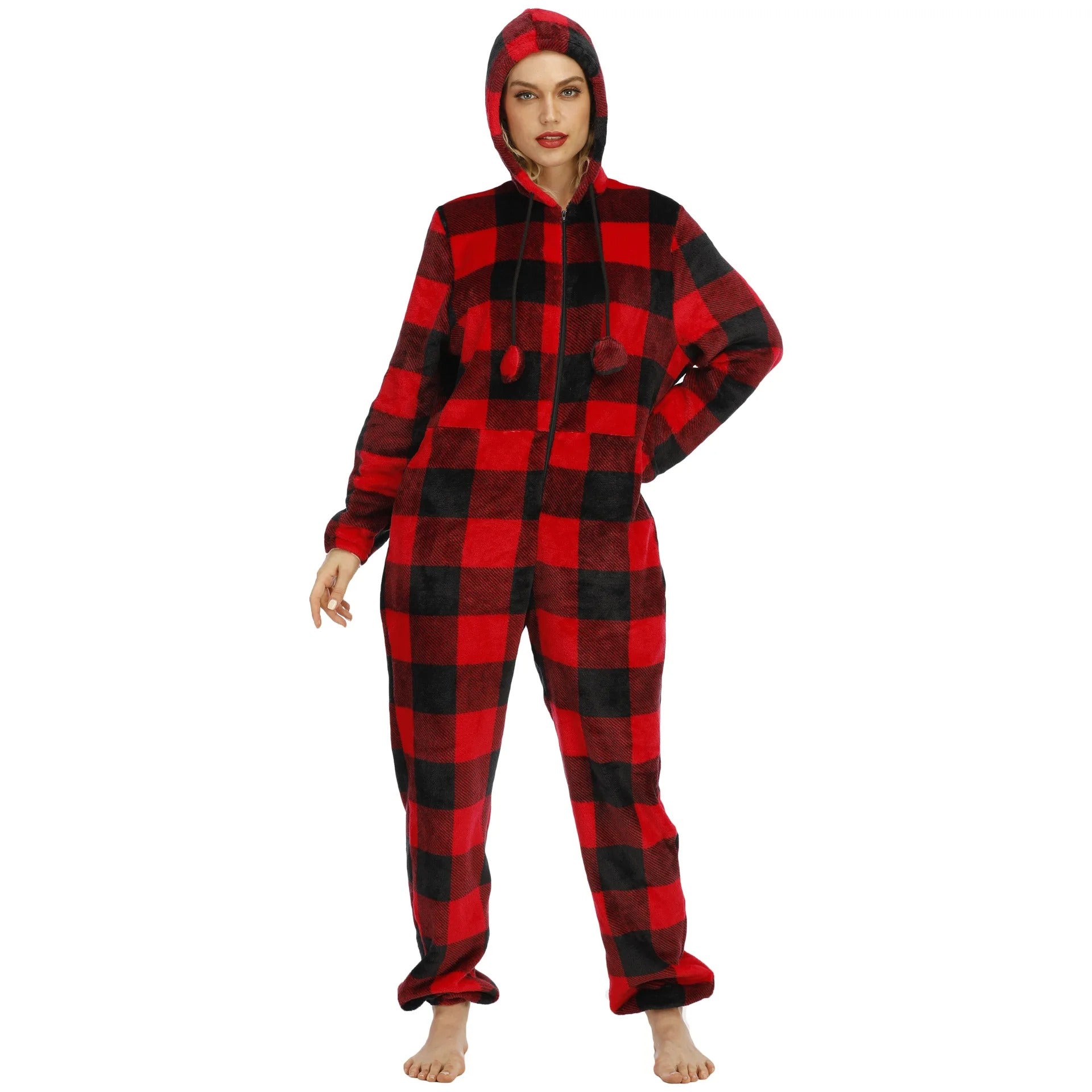 Pyjama plaid carreaux rouge avec capuche