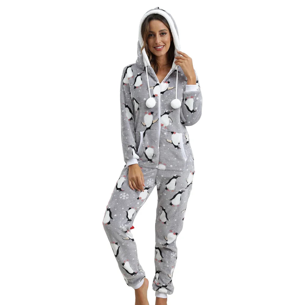 Pyjama à capuche femme motif pingouin