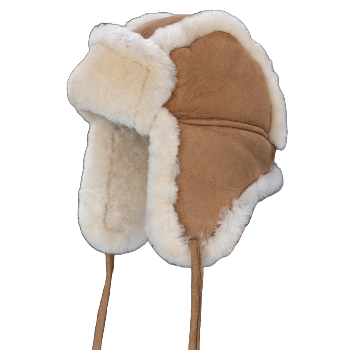 Bonnet aviateur bébé et enfant en peau de mouton camel, vu de trois quarts, rabats d'oreilles et cordons