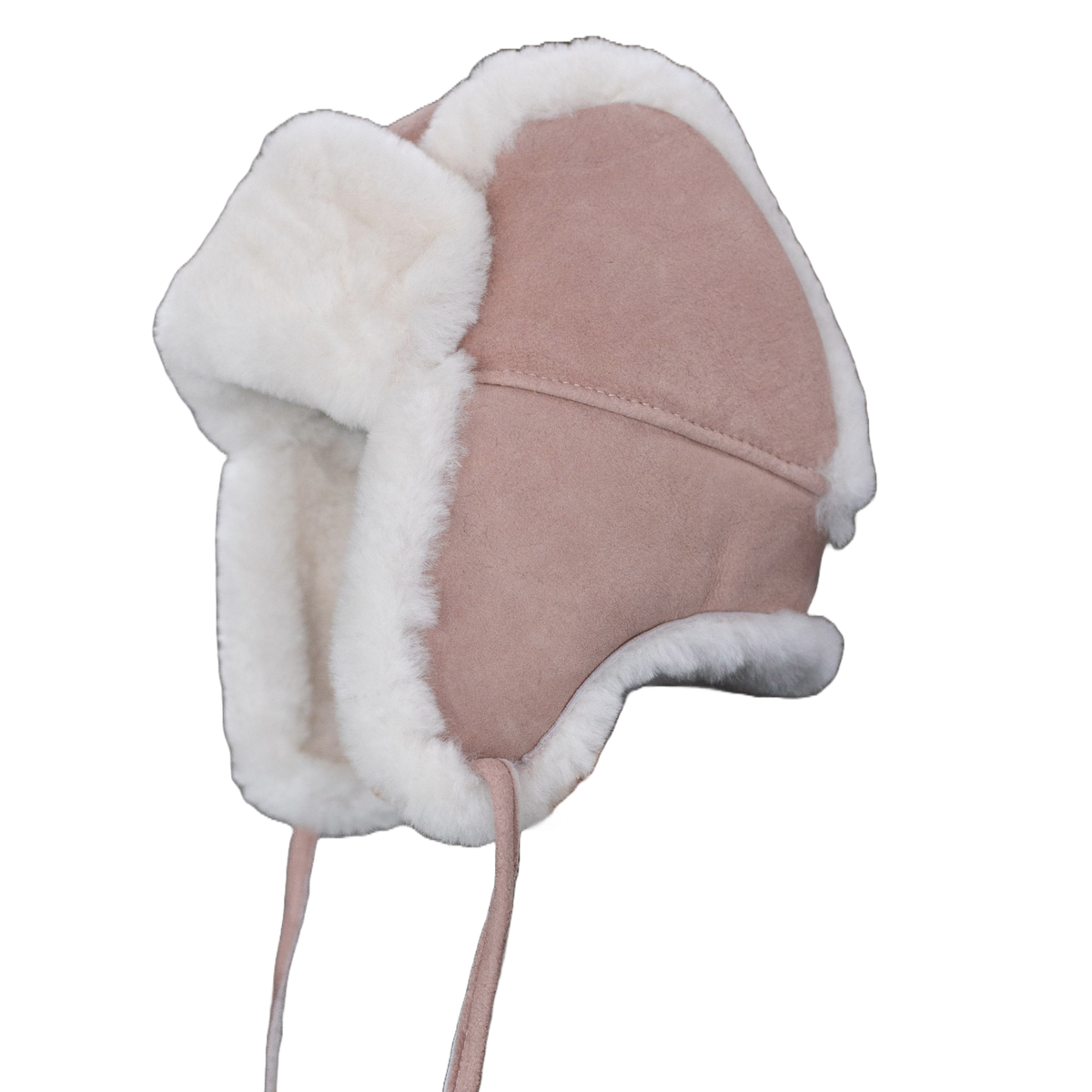 Bonnet aviateur bébé et enfant en peau de mouton rose, vu de trois quarts, rabats d'oreilles et cordons