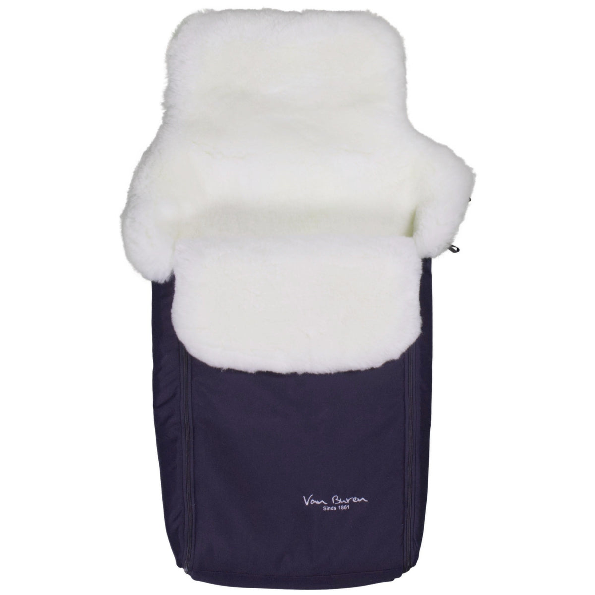 Chancelière de poussette en peau de mouton bleu-gris, ouverte, intérieur en peau de mouton