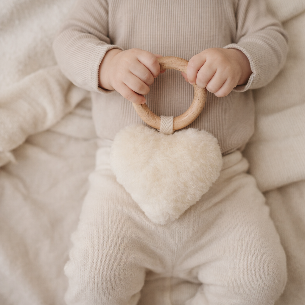 Hochet cœur en peau d'agneau blanc, tenu par un bébé allongé