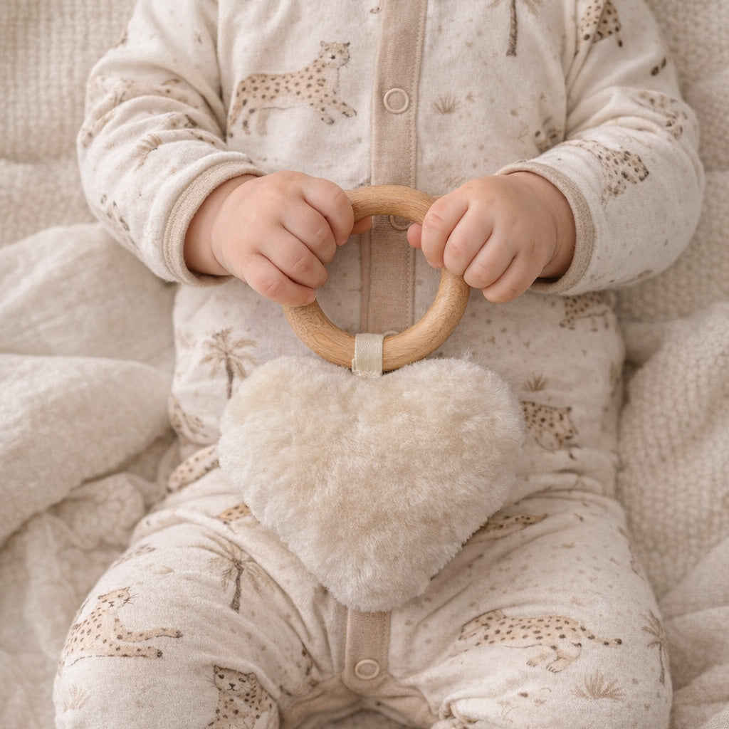 Hochet cœur en peau d'agneau blanc, dans les mains d'un bébé en pyjama