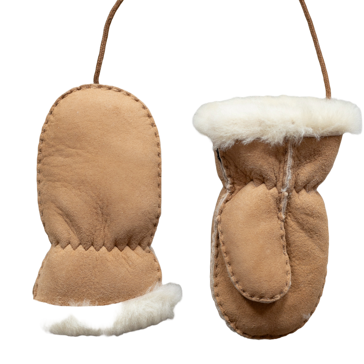 Moufles bébé et enfant en peau d'agneau camel, dos et paume de la moufle, poignet en laine